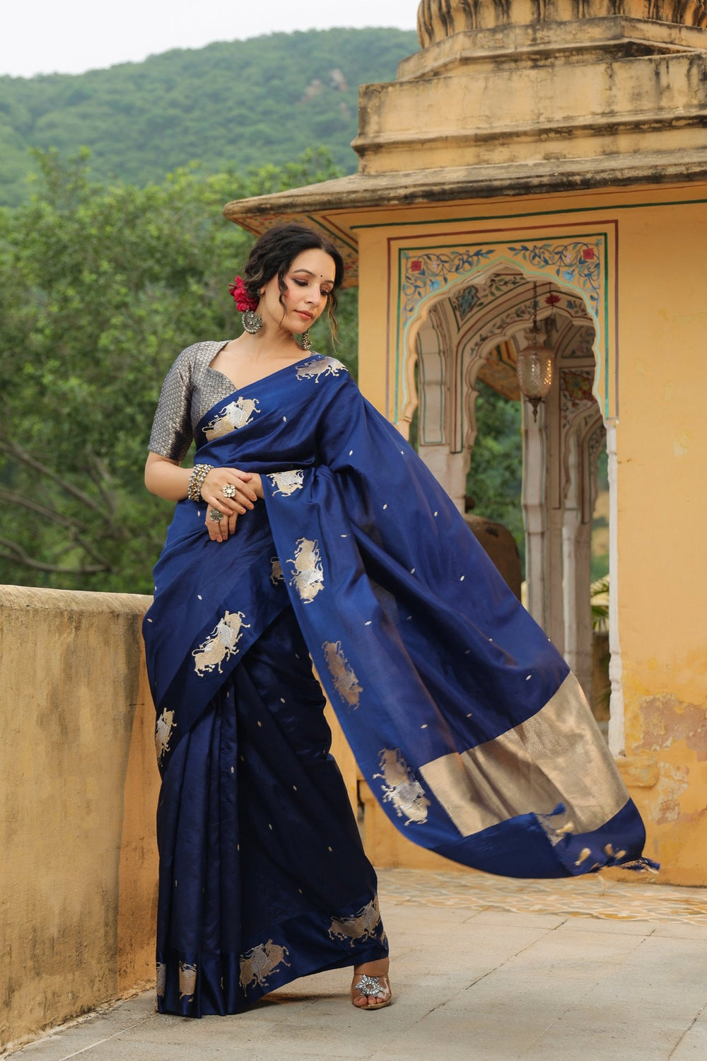 Nandi | Handwoven Blue Banarasi Katan Soft Silk Saree