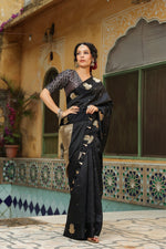 Purdah | Handwoven Black Banarasi Katan Soft Silk Saree