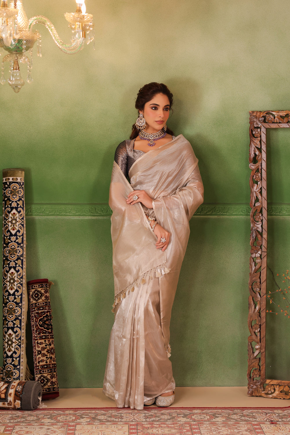 Raas | Handwoven Rose Gold Banarasi Tissue Silk Saree