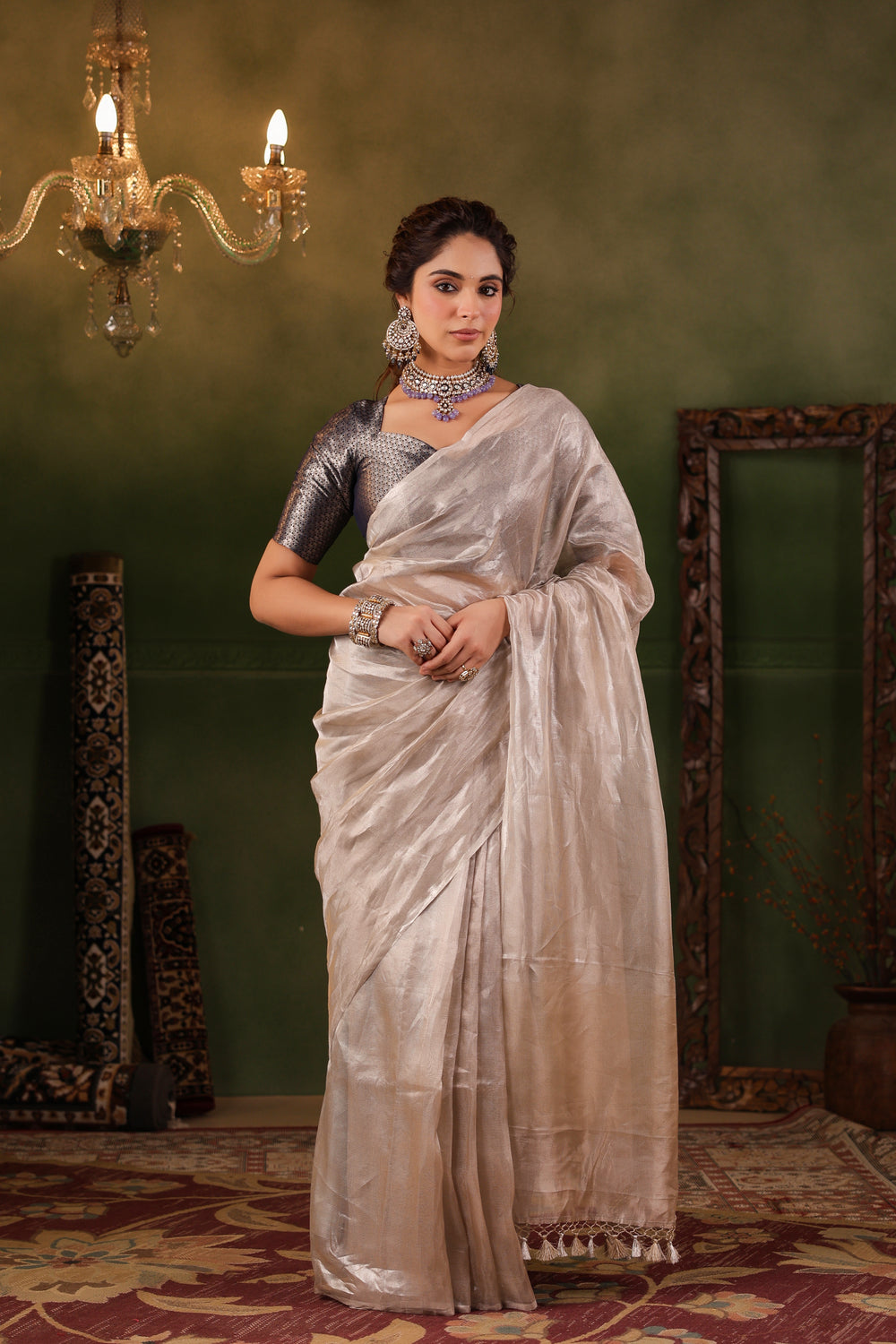 Raas | Handwoven Rose Gold Banarasi Tissue Silk Saree