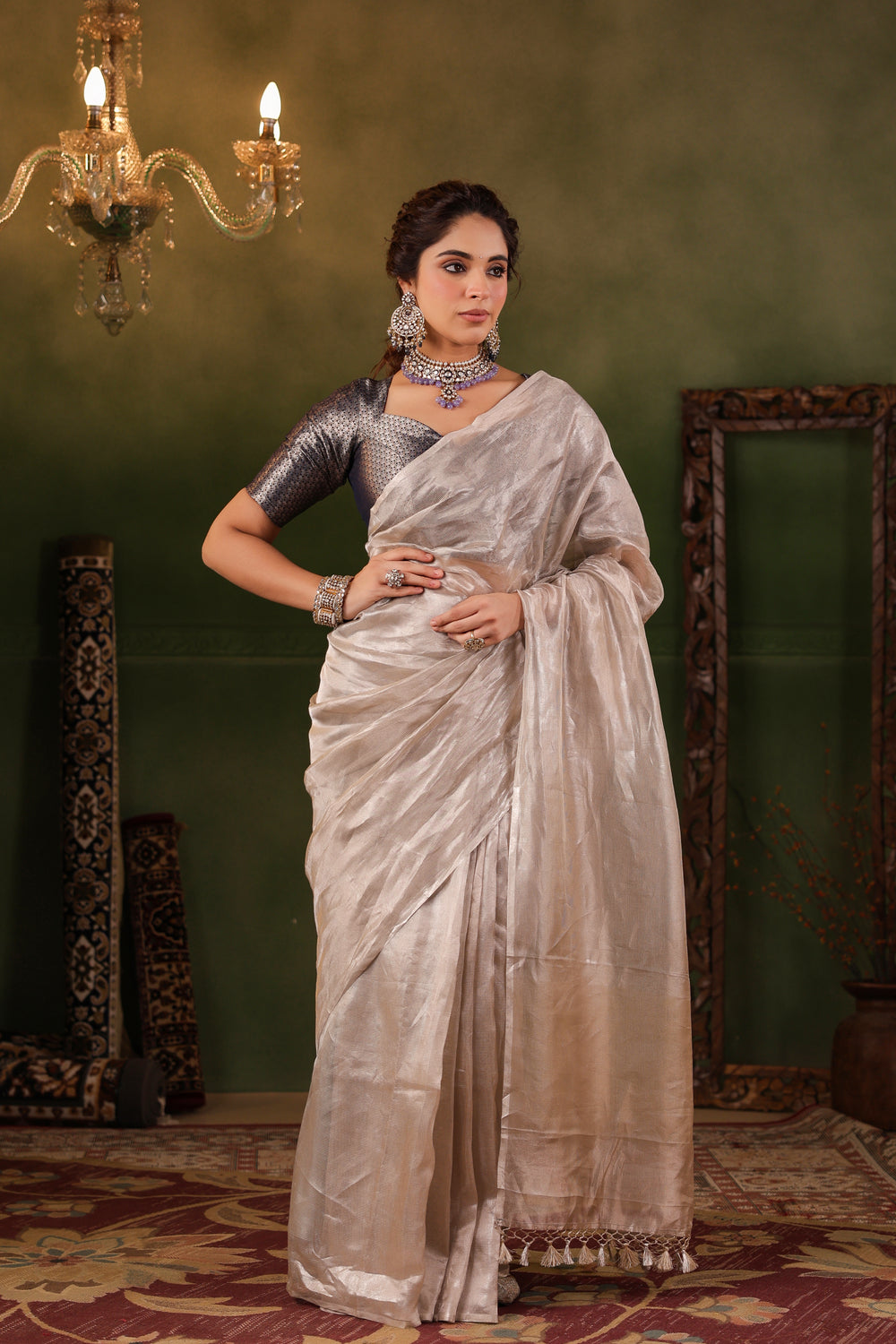 Raas | Handwoven Rose Gold Banarasi Tissue Silk Saree