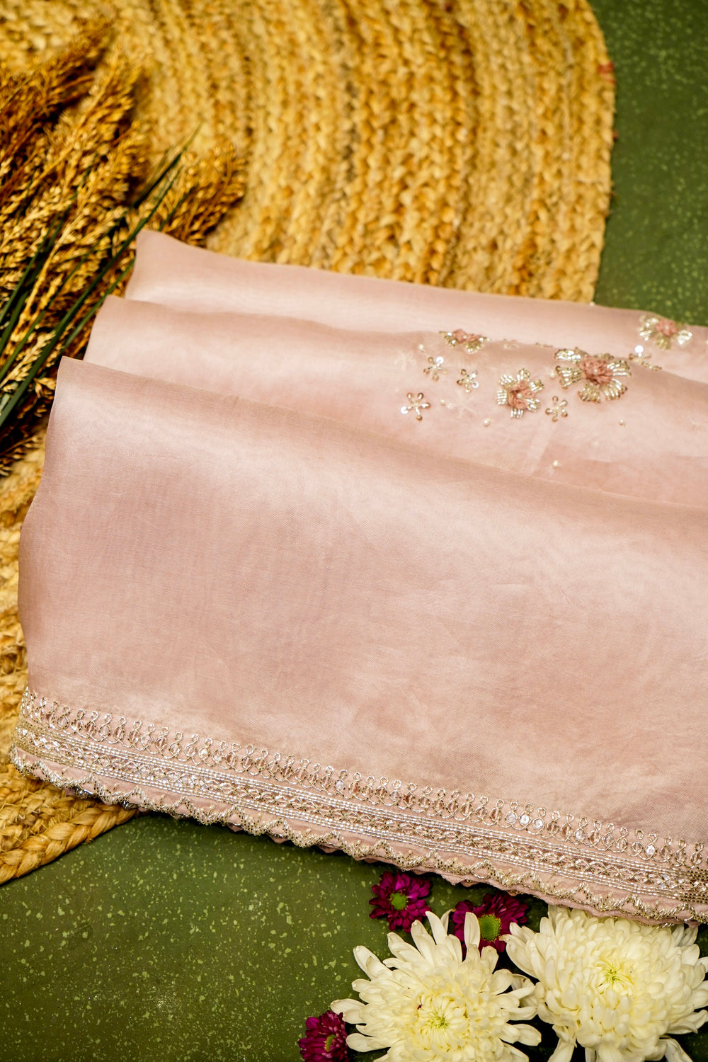 Handwoven Rose Gold Designer Organza Saree
