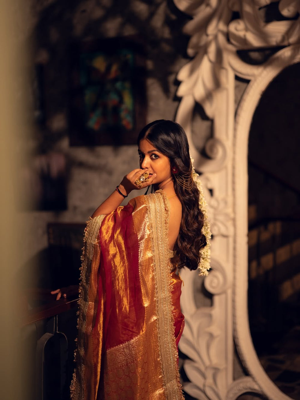 Ishita Dutta | Handwoven Orange Banarasi Tissue Silk Saree