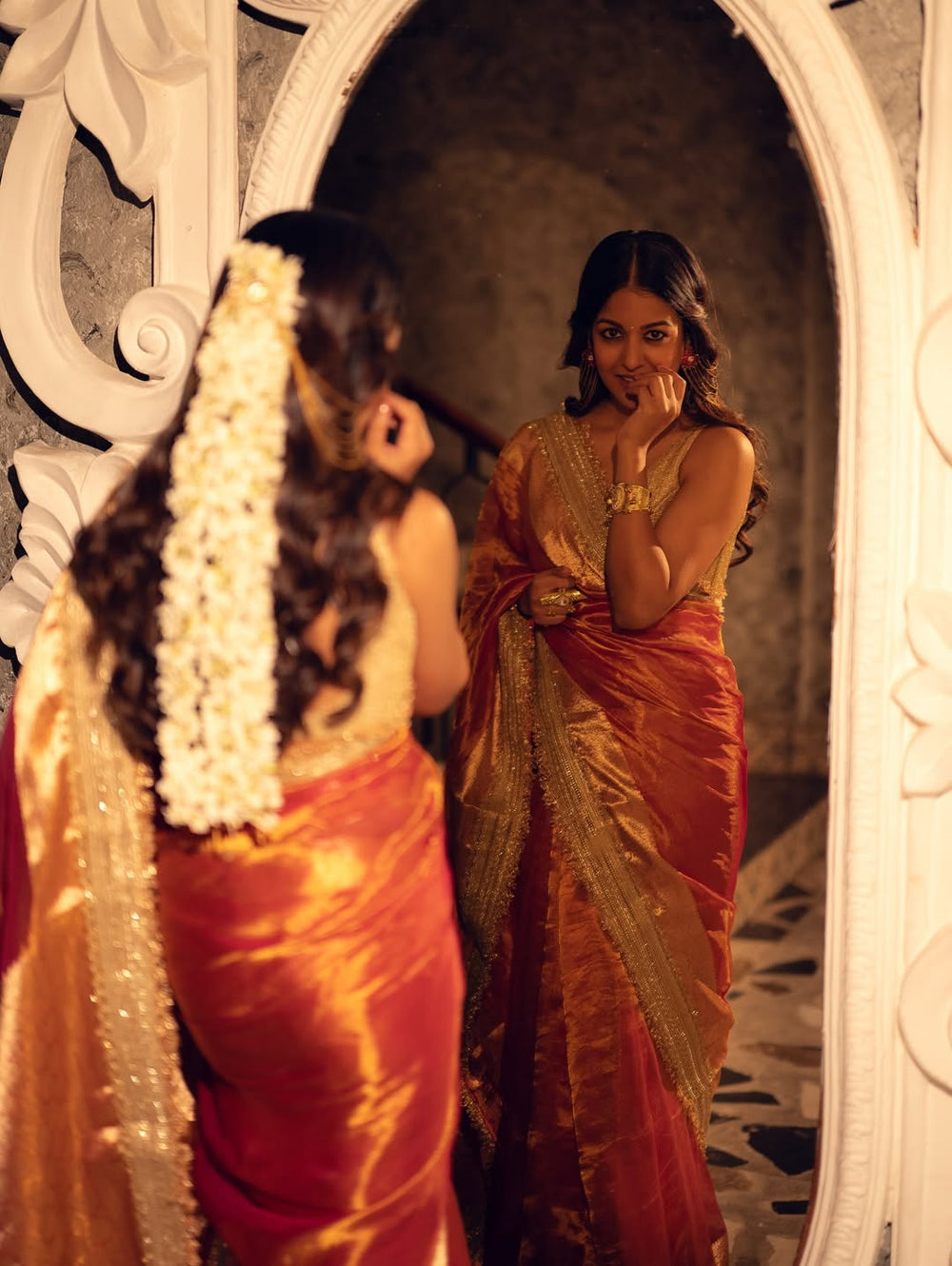 Ishita Dutta | Handwoven Orange Banarasi Tissue Silk Saree