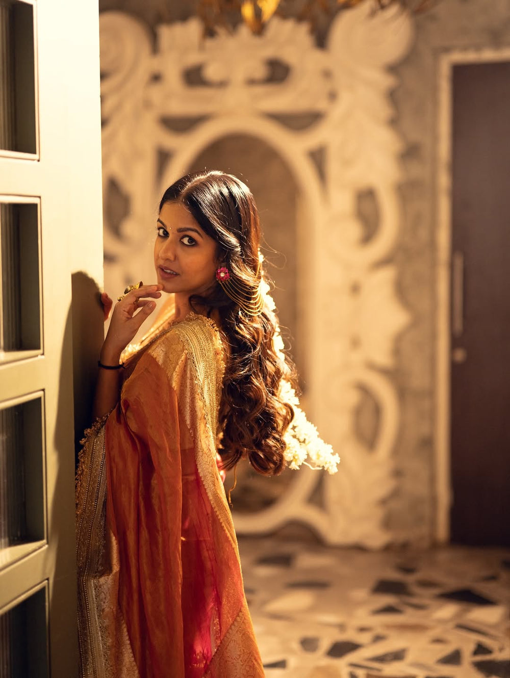 Ishita Dutta | Handwoven Orange Banarasi Tissue Silk Saree