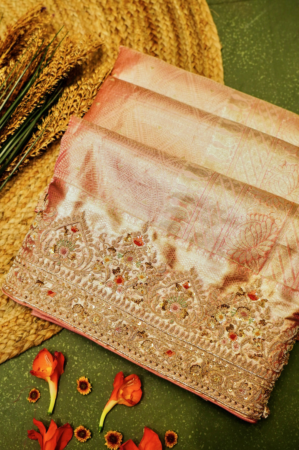 Designer Peach Tissue Silk Saree