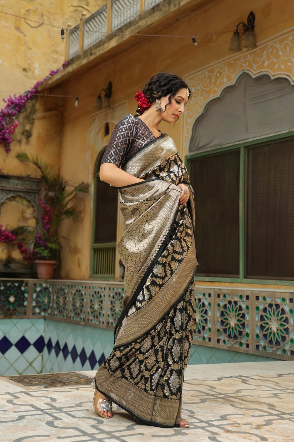 Riwayat | Handwoven Black Banarasi Katan Silk Saree