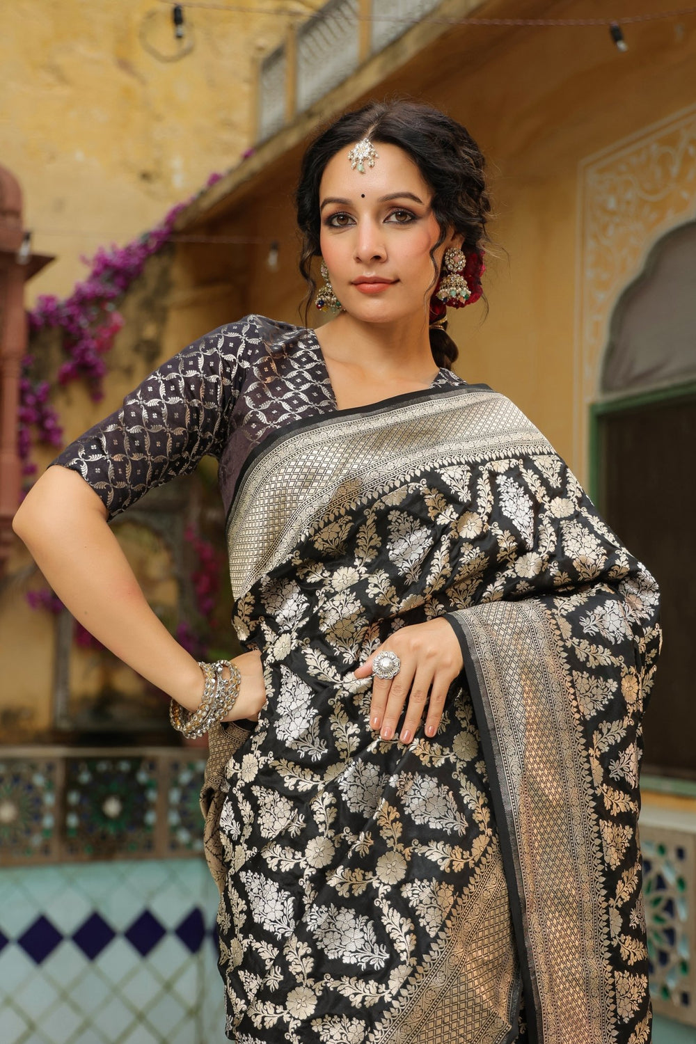 Riwayat | Handwoven Black Banarasi Katan Silk Saree