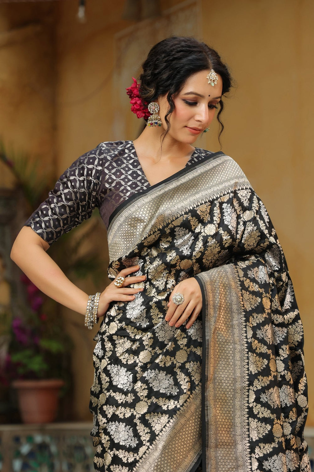 Riwayat | Handwoven Black Banarasi Katan Silk Saree