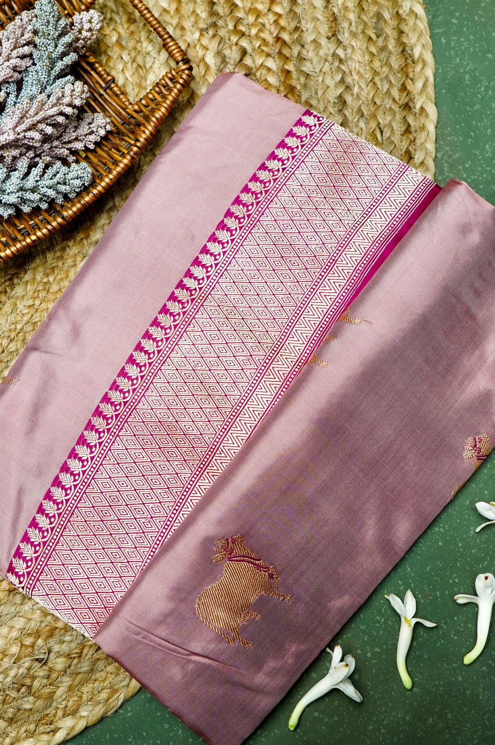 Vantara | Handwoven Baby Pink Banarasi Katan Silk Saree