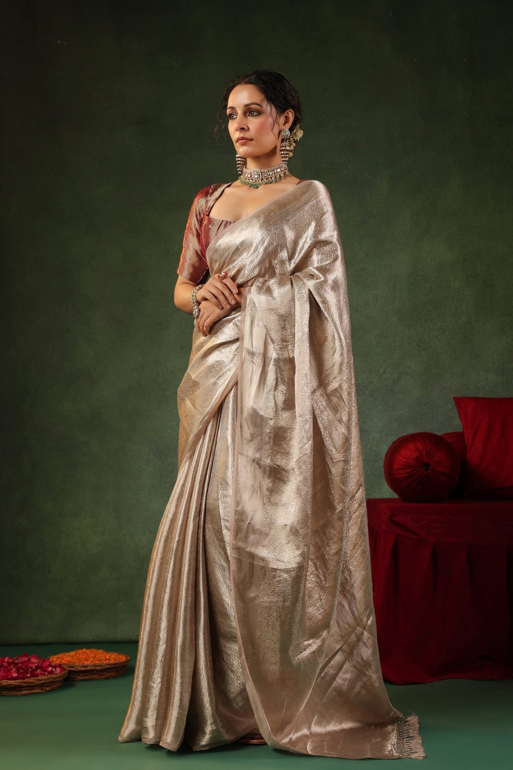 Moti | Handwoven Silver Banarasi Tissue Silk Saree