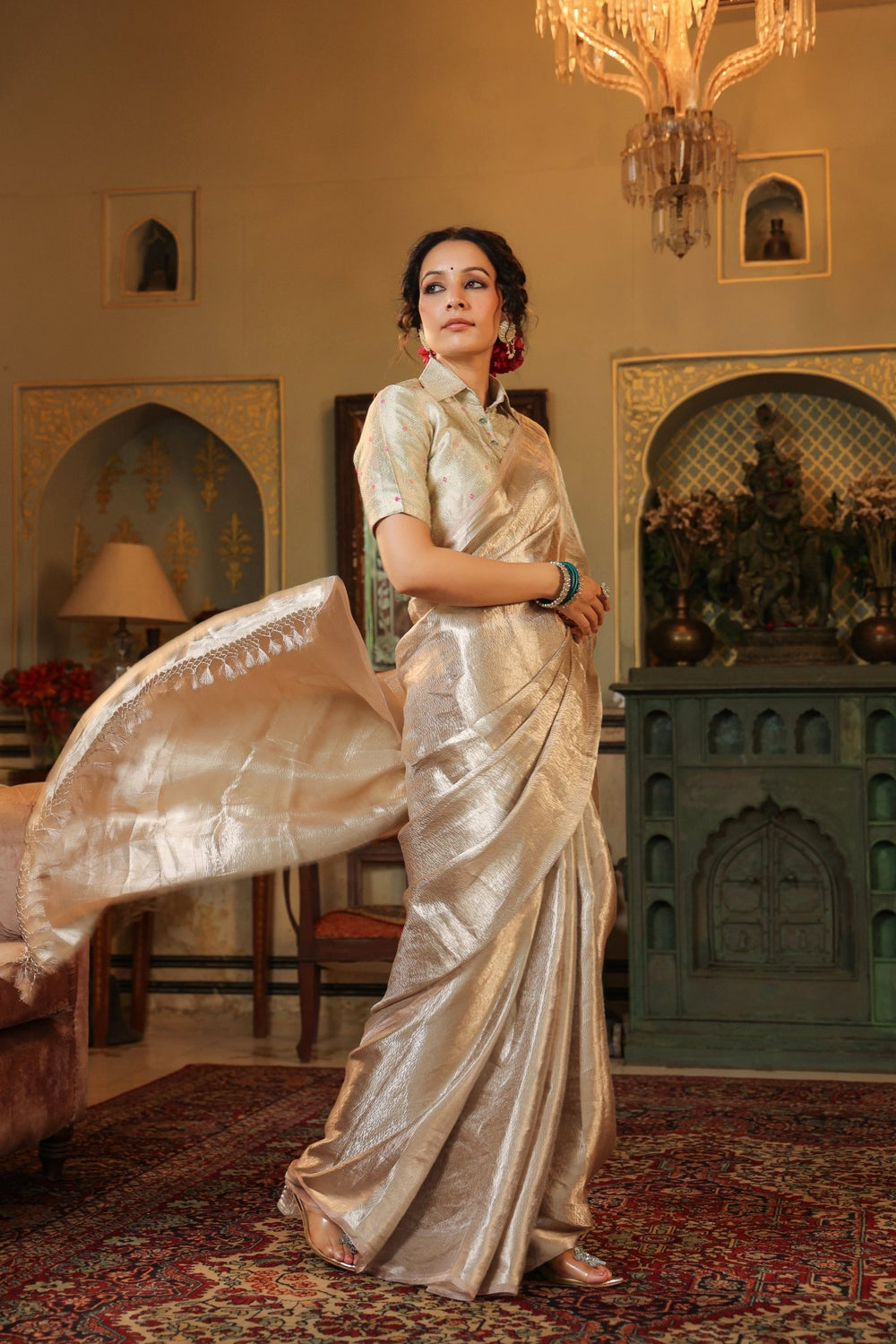 Handwoven Silver Banarasi Tissue Silk Saree