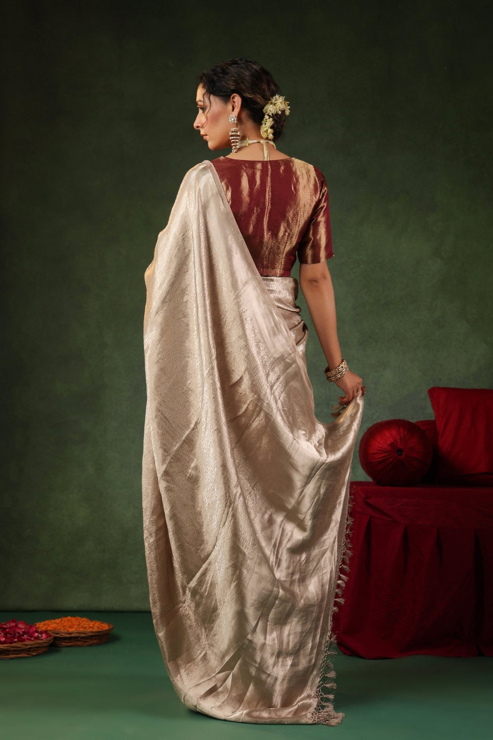 Moti | Handwoven Silver Banarasi Tissue Silk Saree