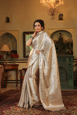 Handwoven Silver Banarasi Tissue Silk Saree