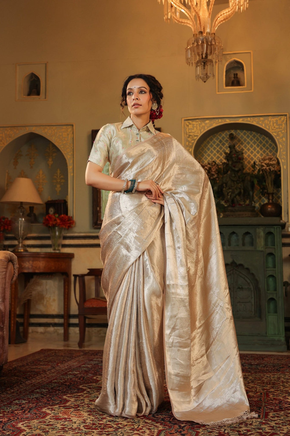 Handwoven Silver Banarasi Tissue Silk Saree