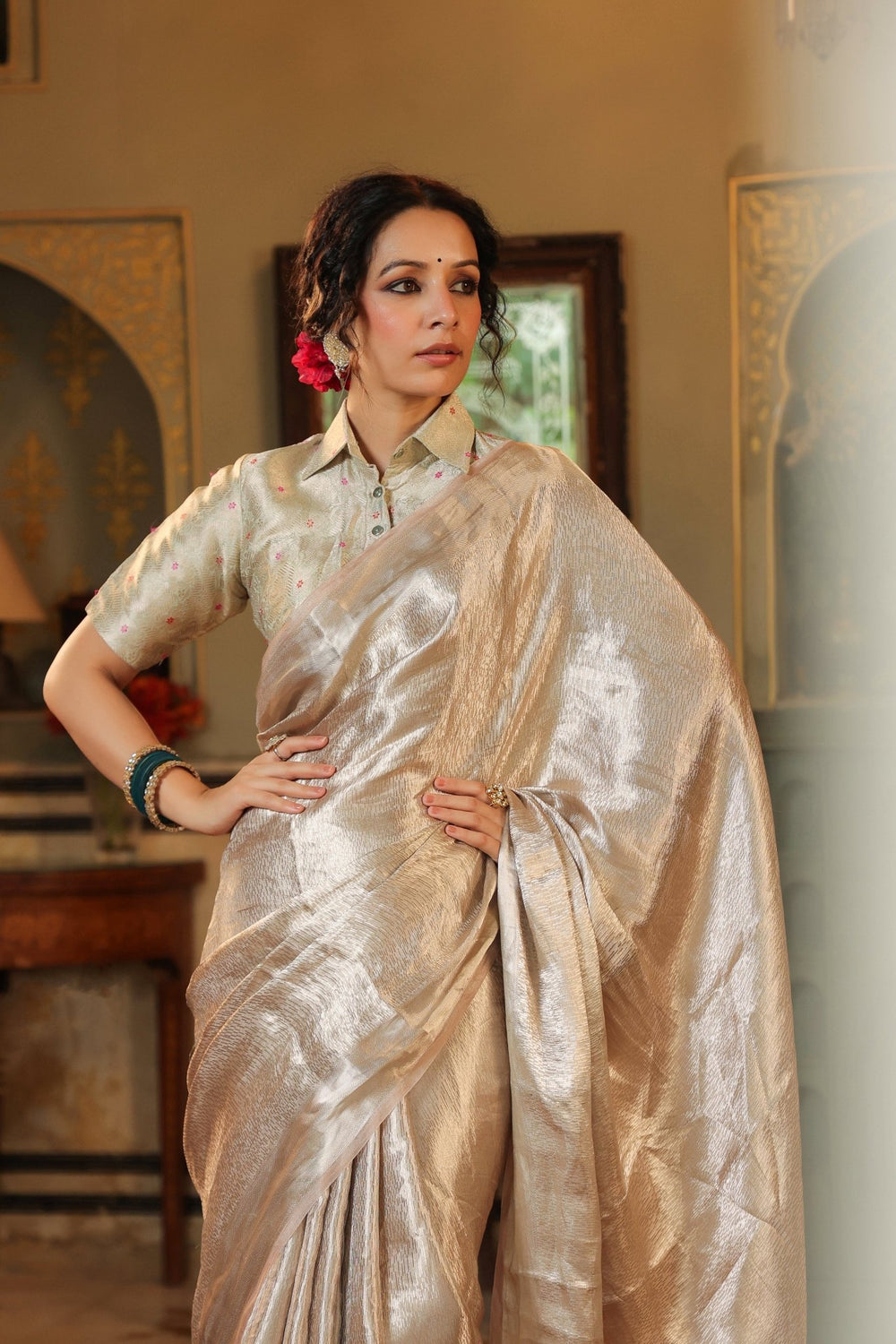Handwoven Silver Banarasi Tissue Silk Saree