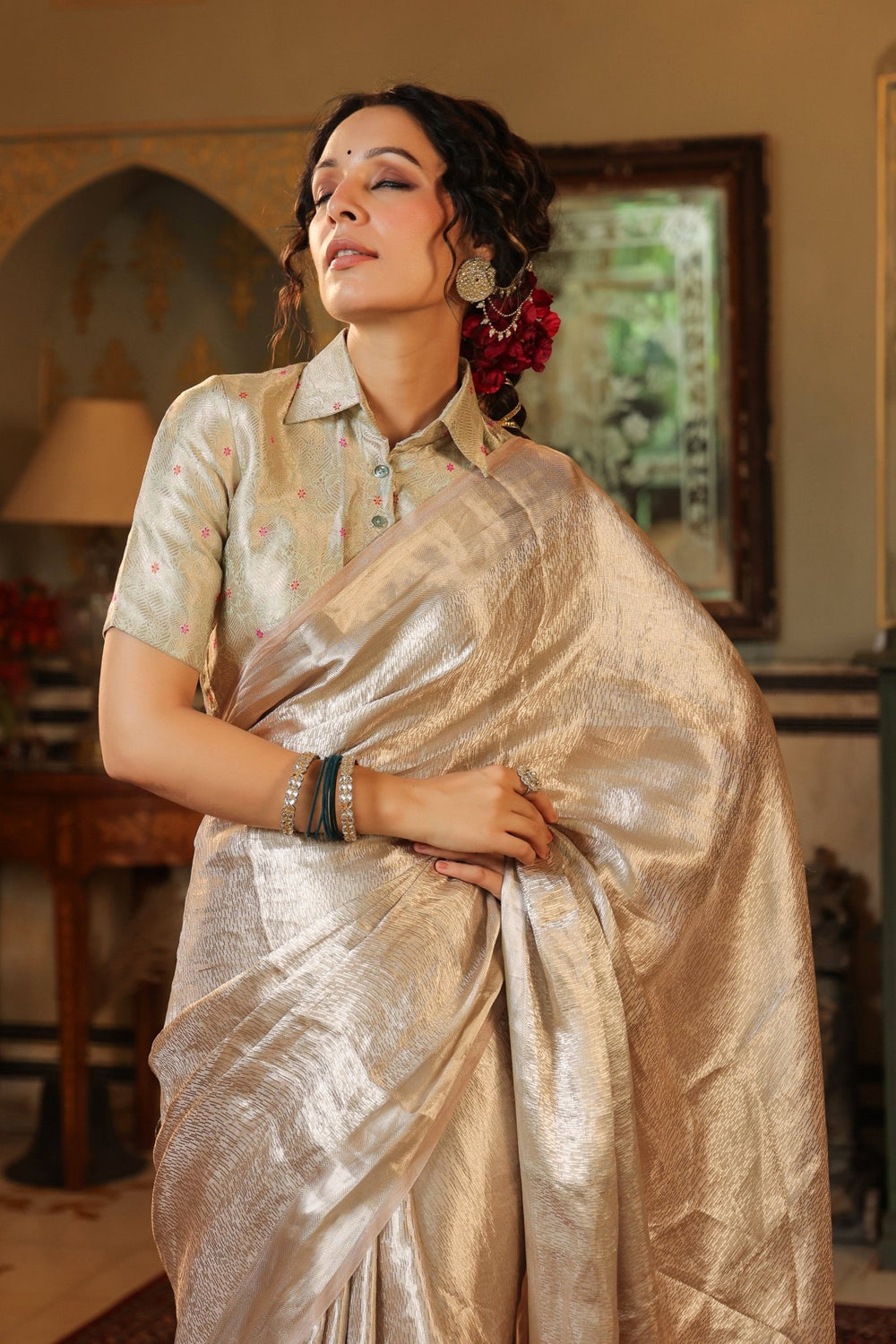 Handwoven Silver Banarasi Tissue Silk Saree