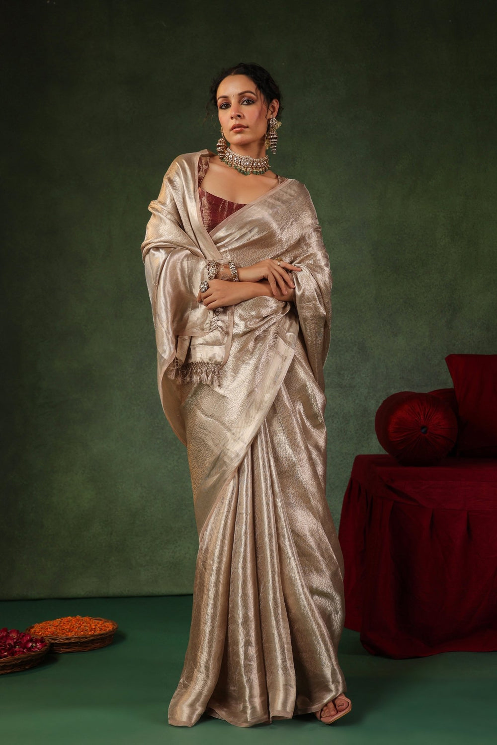 Moti | Handwoven Silver Banarasi Tissue Silk Saree