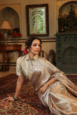 Handwoven Silver Banarasi Tissue Silk Saree