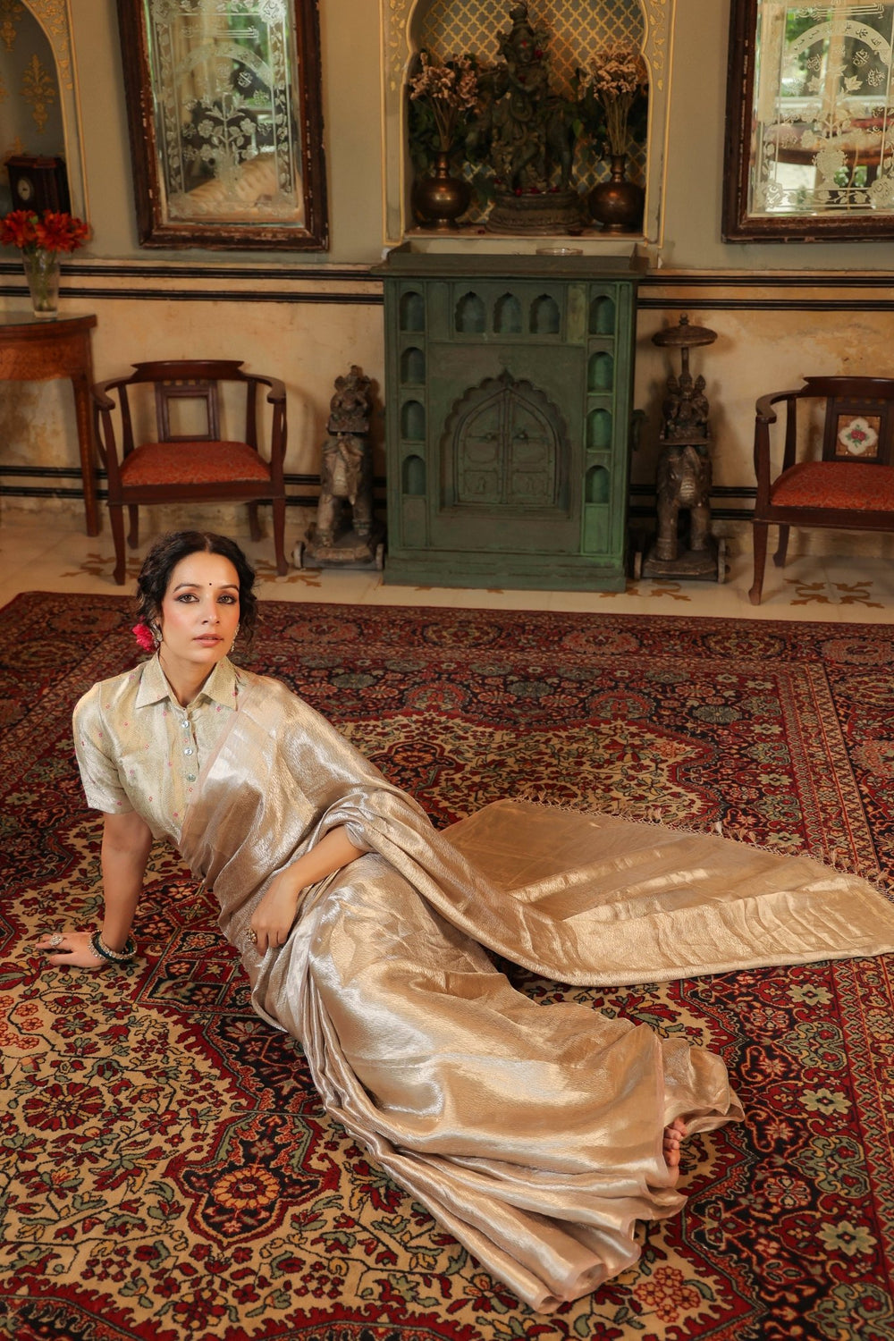 Handwoven Silver Banarasi Tissue Silk Saree