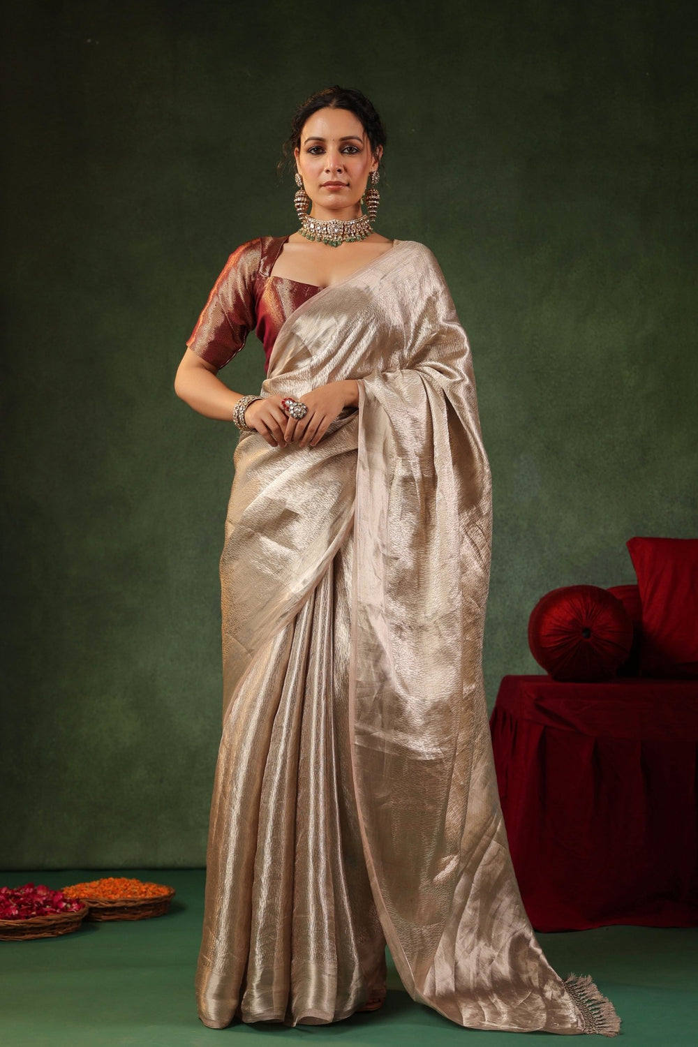 Moti | Handwoven Silver Banarasi Tissue Silk Saree