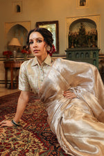 Handwoven Silver Banarasi Tissue Silk Saree
