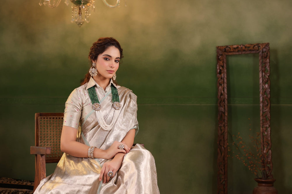 Handwoven Silver Banarasi Tissue Silk Saree