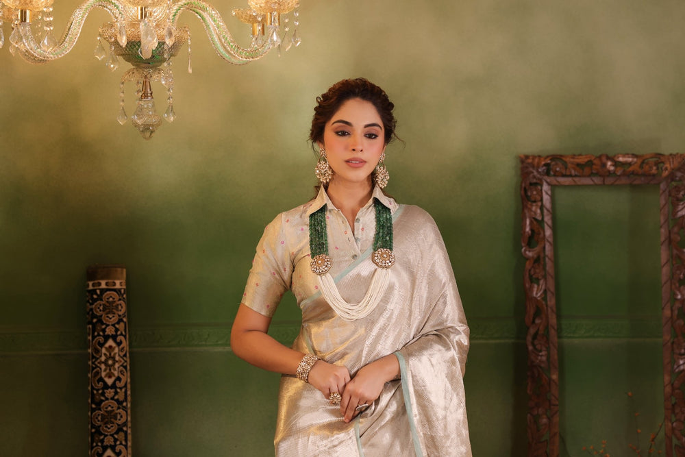 Handwoven Silver Banarasi Tissue Silk Saree