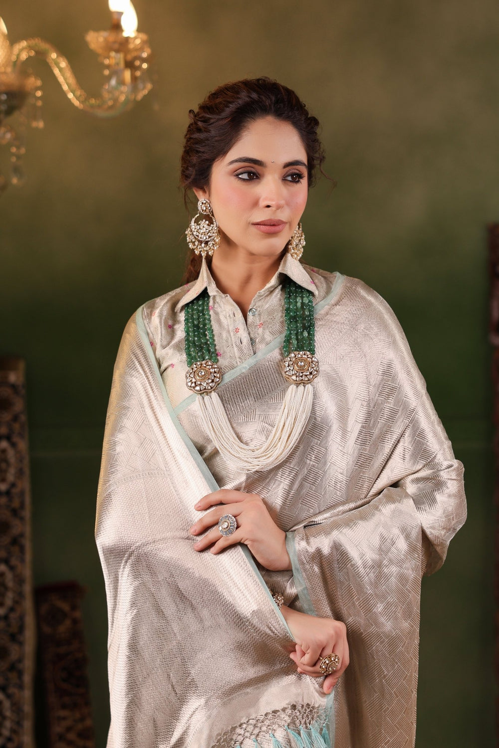 Handwoven Silver Banarasi Tissue Silk Saree