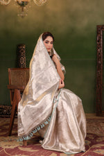 Handwoven Silver Banarasi Tissue Silk Saree
