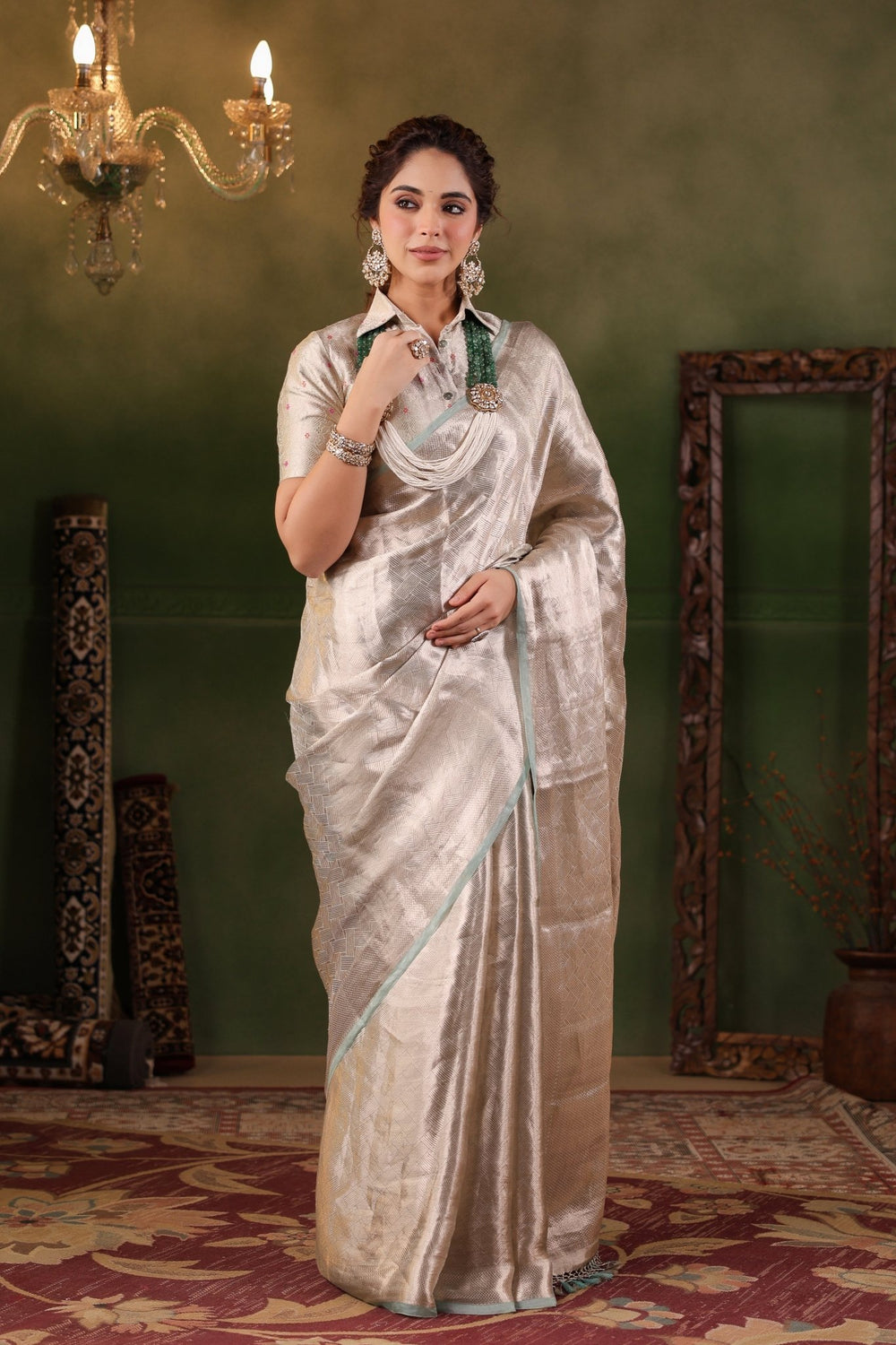 Handwoven Silver Banarasi Tissue Silk Saree