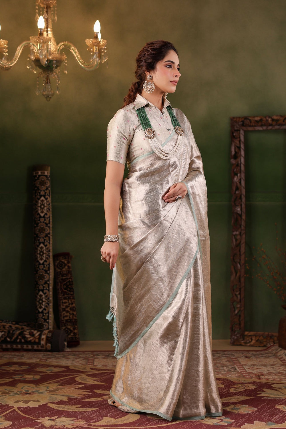 Handwoven Silver Banarasi Tissue Silk Saree