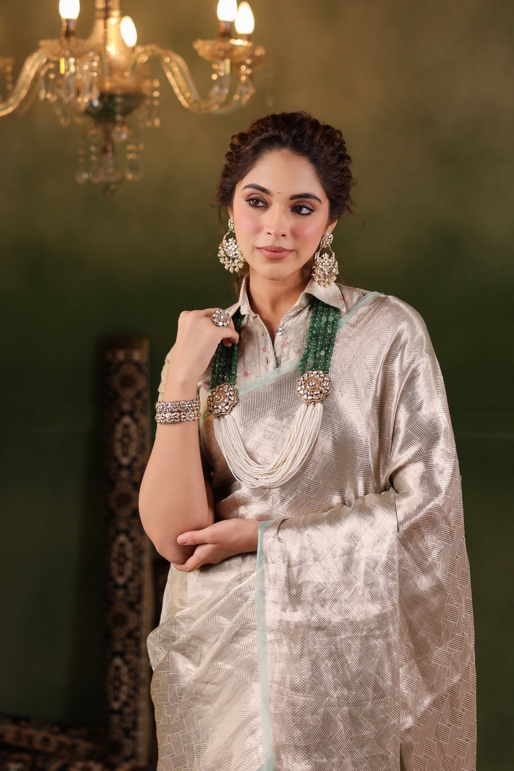 Handwoven Silver Banarasi Tissue Silk Saree