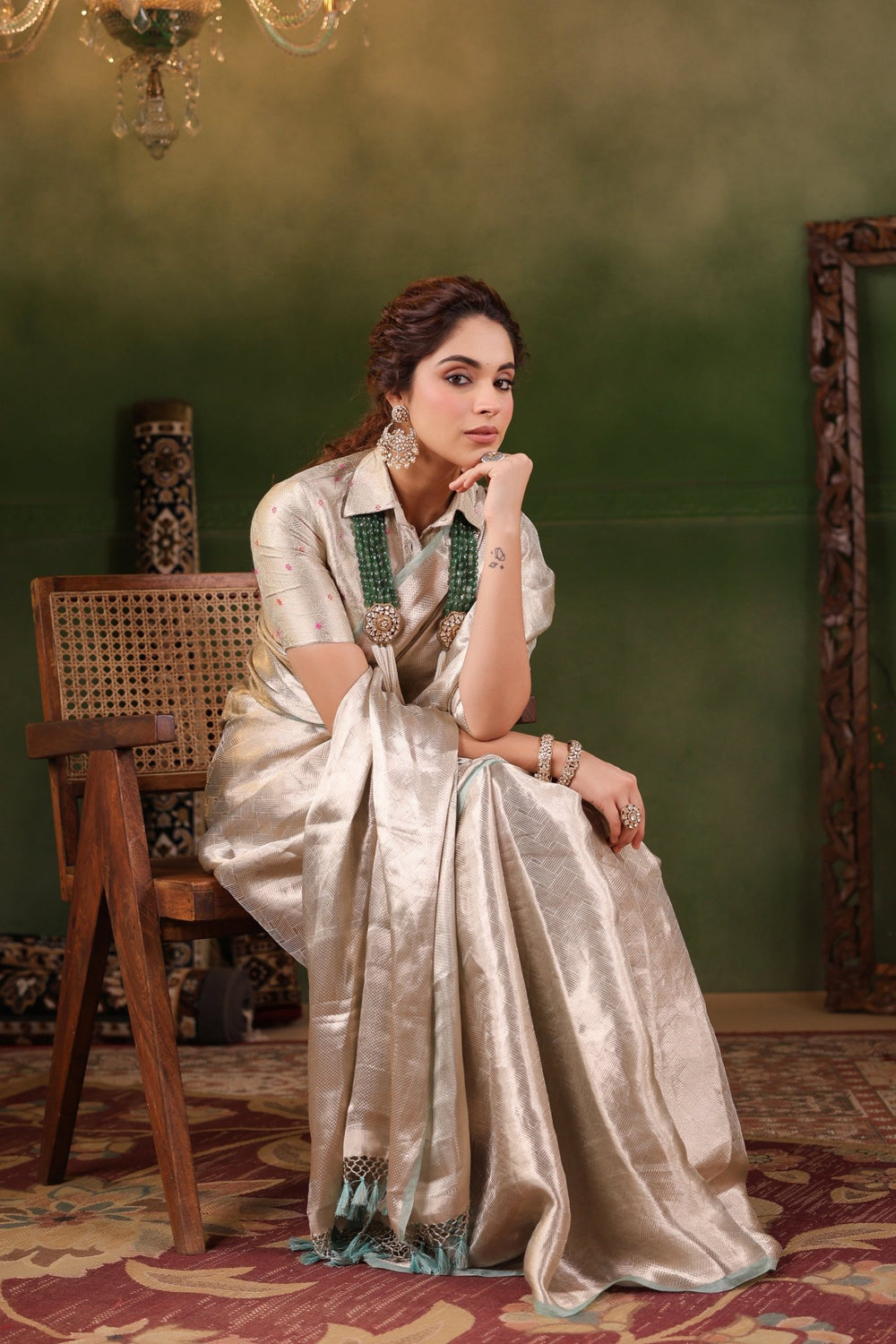 Handwoven Silver Banarasi Tissue Silk Saree