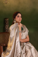 Handwoven Silver Banarasi Tissue Silk Saree