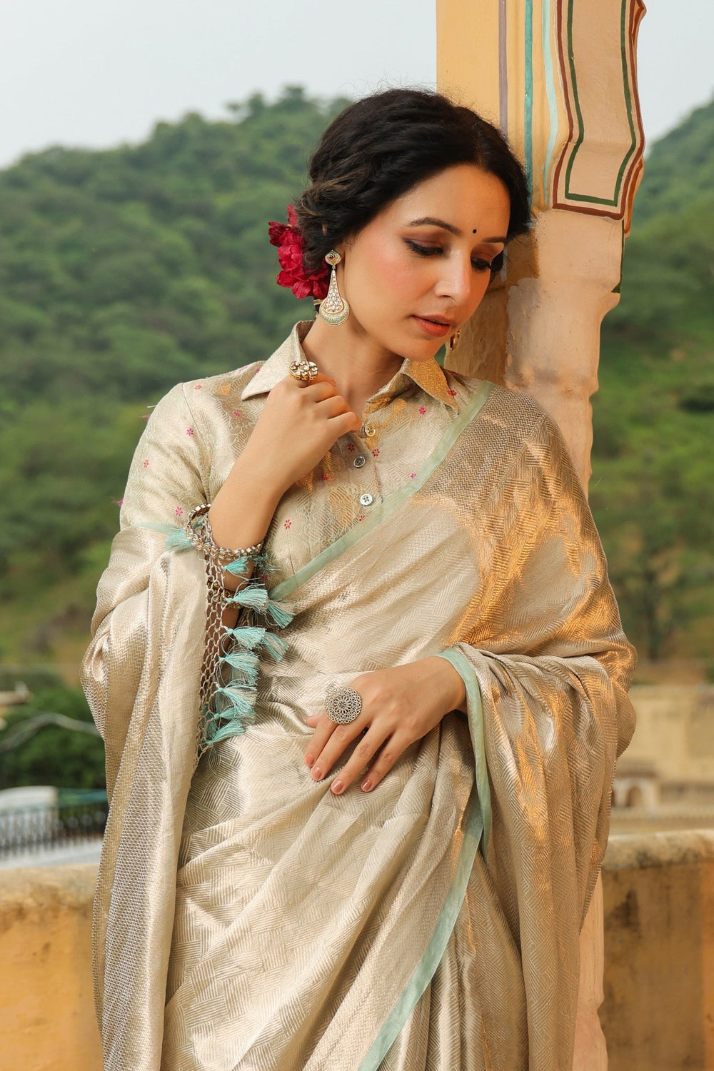 Bunkar | Handwoven Silver Banarasi Tissue Silk Saree