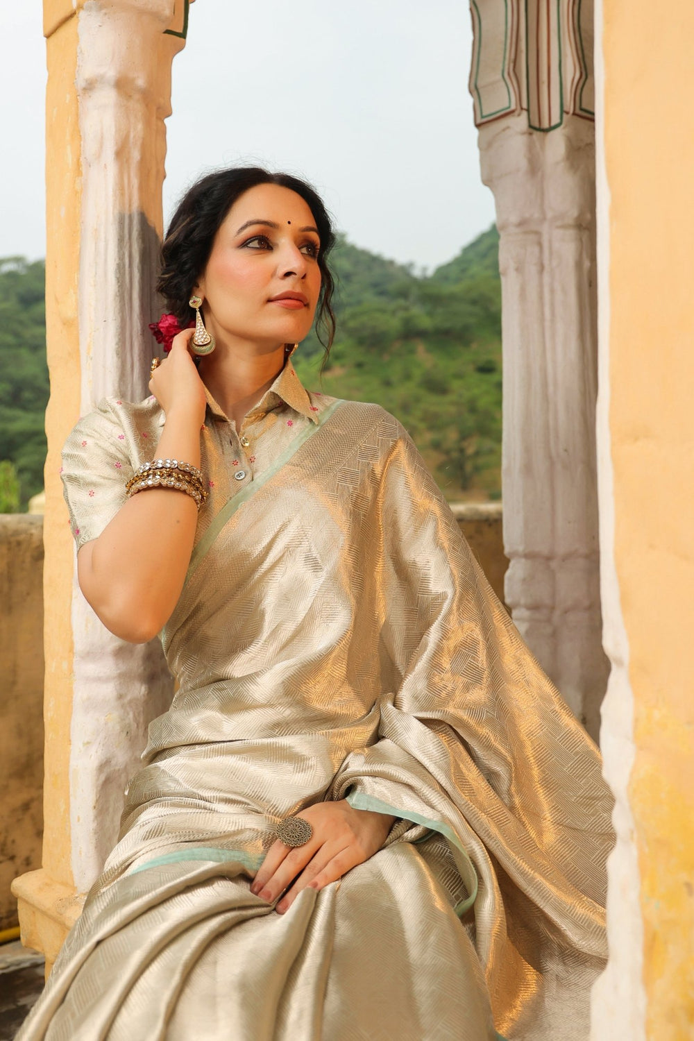 Bunkar | Handwoven Silver Banarasi Tissue Silk Saree