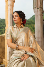 Bunkar | Handwoven Silver Banarasi Tissue Silk Saree