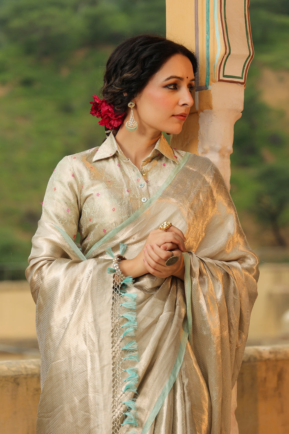 Bunkar | Handwoven Silver Banarasi Tissue Silk Saree