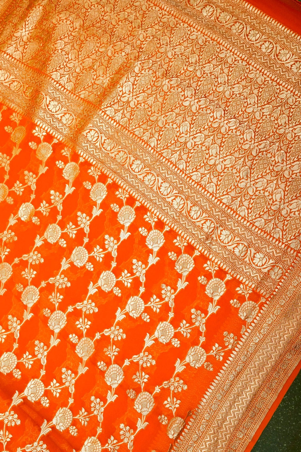 Handwoven Orange Banarasi Khaddi Georgette Saree