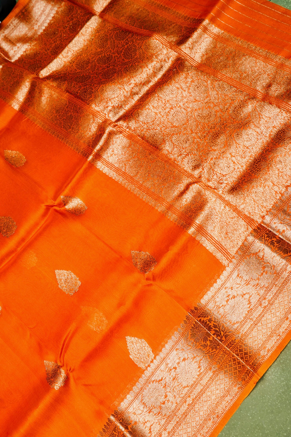 Handwoven Rust Orange Banarasi Organza Saree