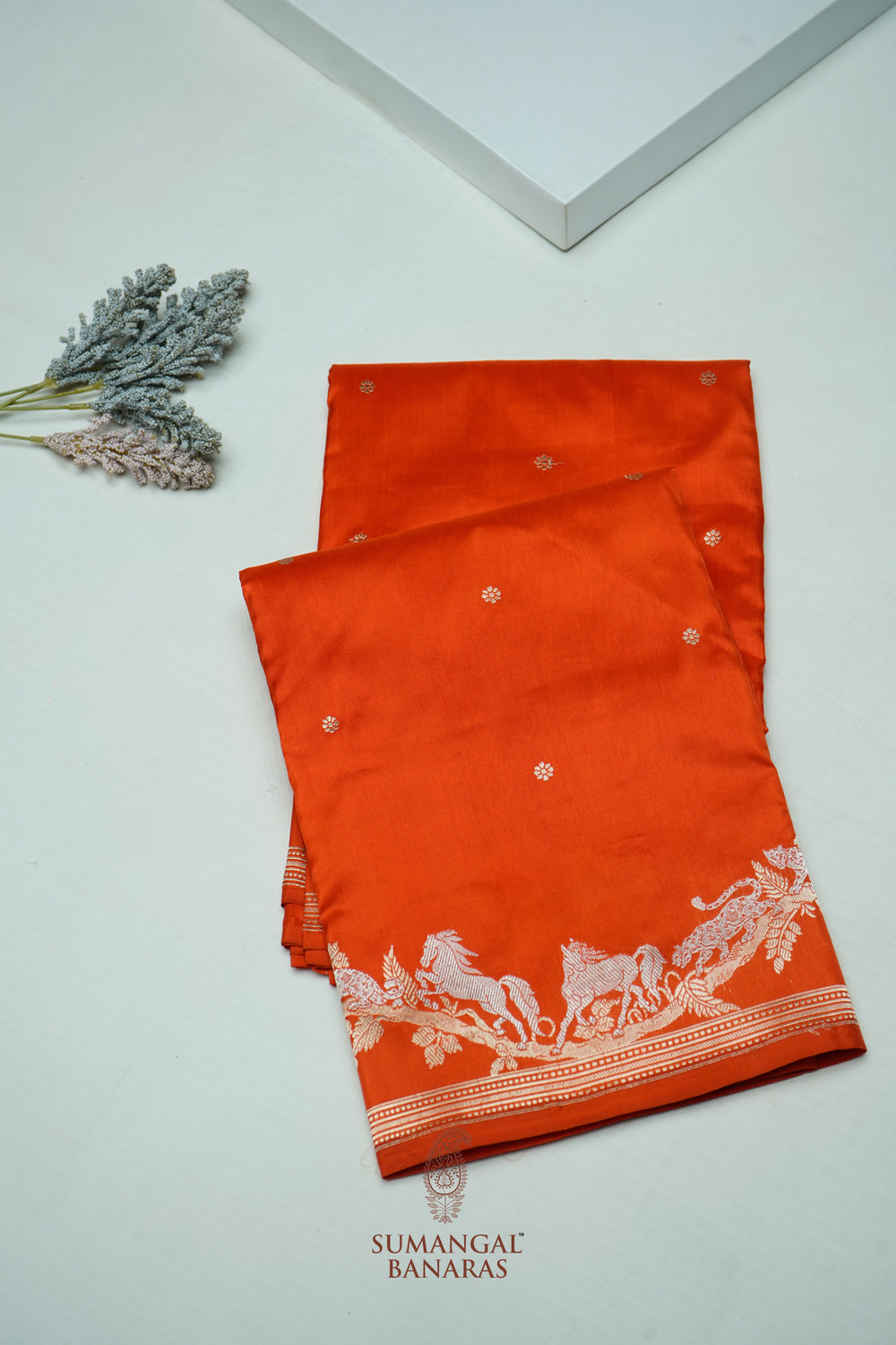 Handwoven Orange Motif Banarasi Katan Silk Saree
