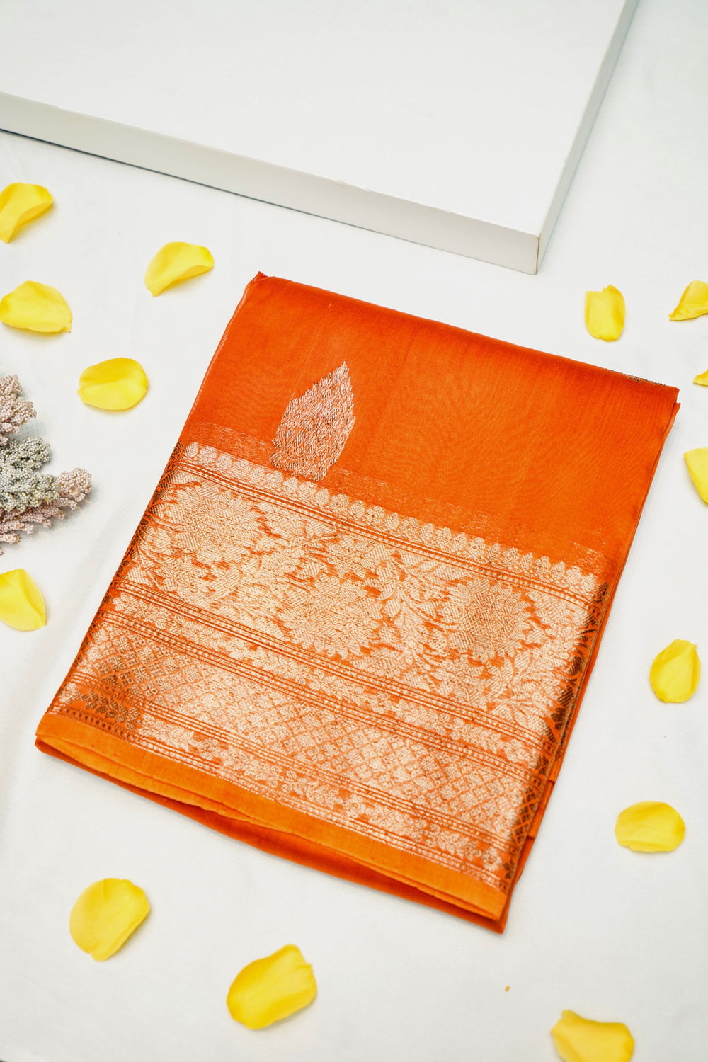 Handwoven Rust Orange Banarasi Organza Saree