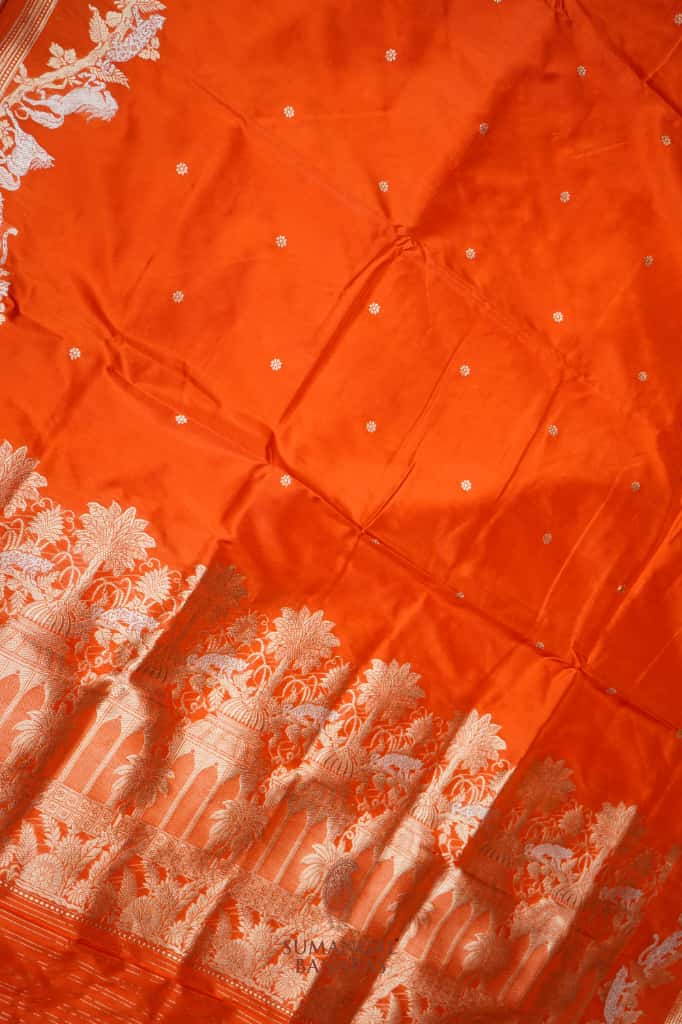Handwoven Orange Motif Banarasi Katan Silk Saree