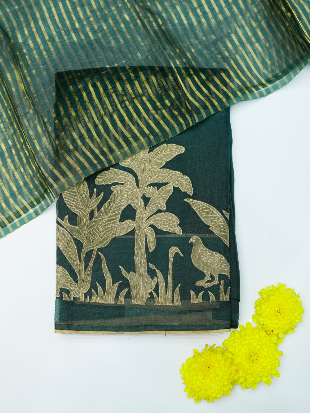 Handwoven Bottle Green Banarasi Organza Silk Suit