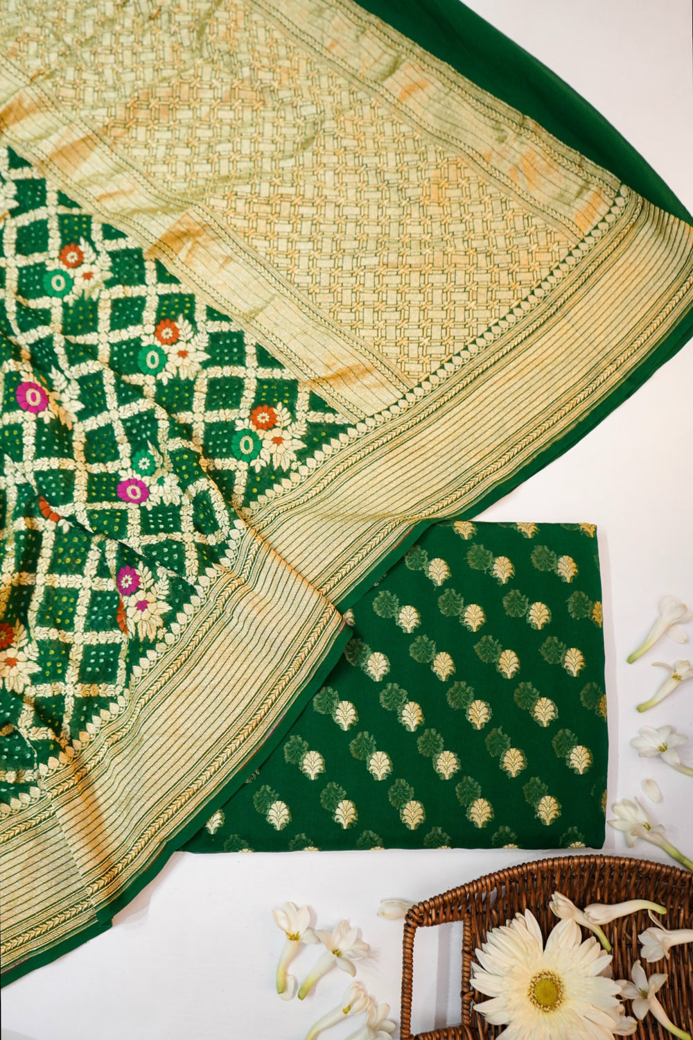 Pine Green Bandhani Georgette Khadi  Handwoven Banarasi Suit