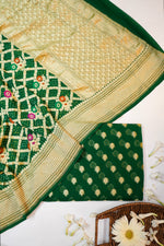 Pine Green Bandhani Georgette Khadi  Handwoven Banarasi Suit