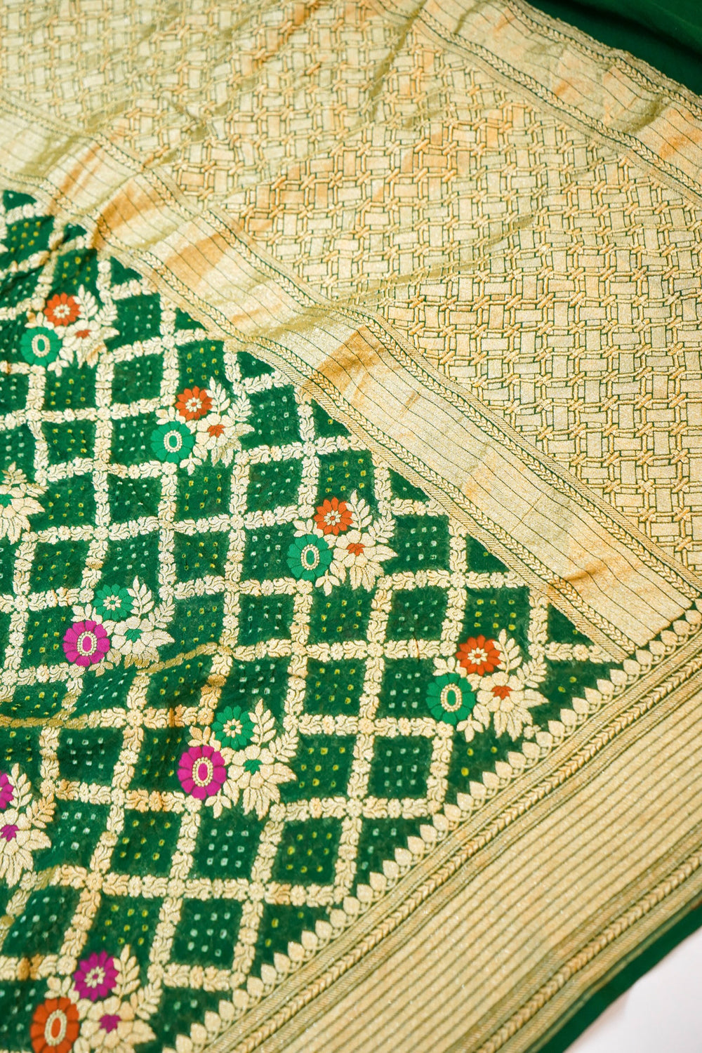 Pine Green Bandhani Georgette Khadi  Handwoven Banarasi Suit