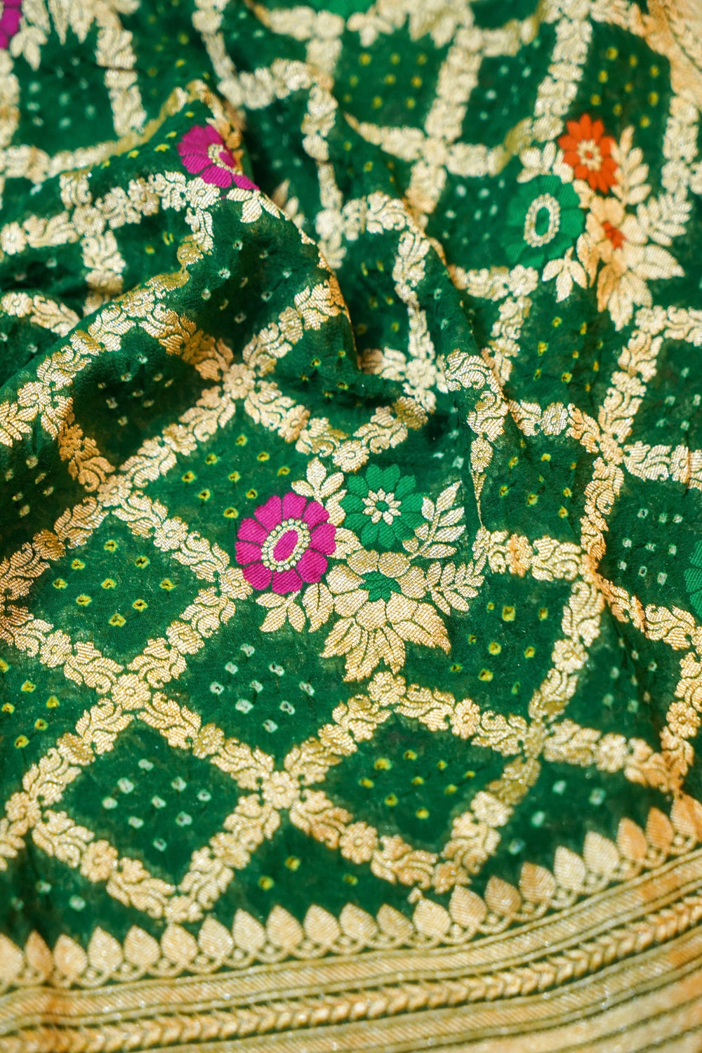 Pine Green Bandhani Georgette Khadi  Handwoven Banarasi Suit