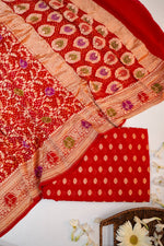 Candy Red Bandhani Georgette Khadi  Handwoven Banarasi Suit